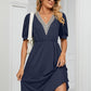 Contrast V-Neck Puff Sleeve Pocket Dress