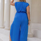 Plus Size Slit Eyelet Surplice Cap Sleeve Jumpsuit