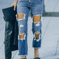 Distressed Frayed Trim Straight Leg Jeans