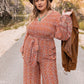 Plus Size Printed V-Neck Tie Front Balloon Sleeve Jumpsuit