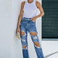 Distressed Frayed Trim Straight Leg Jeans