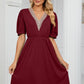 Contrast V-Neck Puff Sleeve Pocket Dress