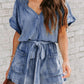 Notched Tie Waist Short Sleeve Denim Romper