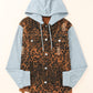 Leopard Distressed Drawstring Hooded Denim Jacket