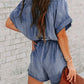 Notched Tie Waist Short Sleeve Denim Romper