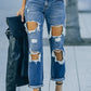 Distressed Frayed Trim Straight Leg Jeans