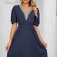 Contrast V-Neck Puff Sleeve Pocket Dress