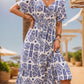 Printed V-Neck Short Sleeve Midi Dress