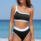 Contrast Trim Ribbed One-Shoulder Bikini Set