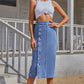 Split Buttoned Denim Skirt