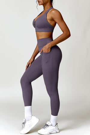 Ruched Halter Neck Bra and Pocketed Leggings Active Set