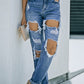 Distressed Frayed Trim Straight Leg Jeans