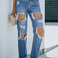 Distressed Frayed Trim Straight Leg Jeans