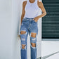 Distressed Frayed Trim Straight Leg Jeans