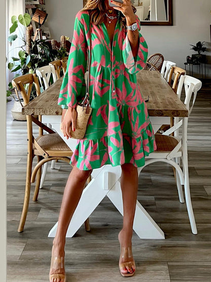 Printed Notched Long Sleeve Mini Dress